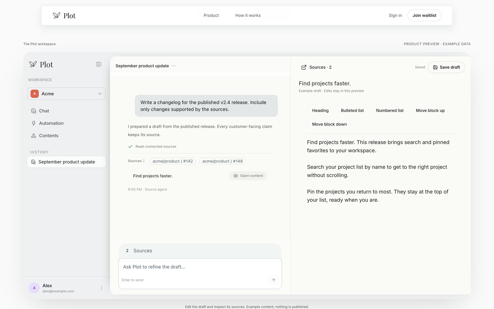 Plot’s product preview: a release conversation beside a changelog draft, with supporting sources available for review.